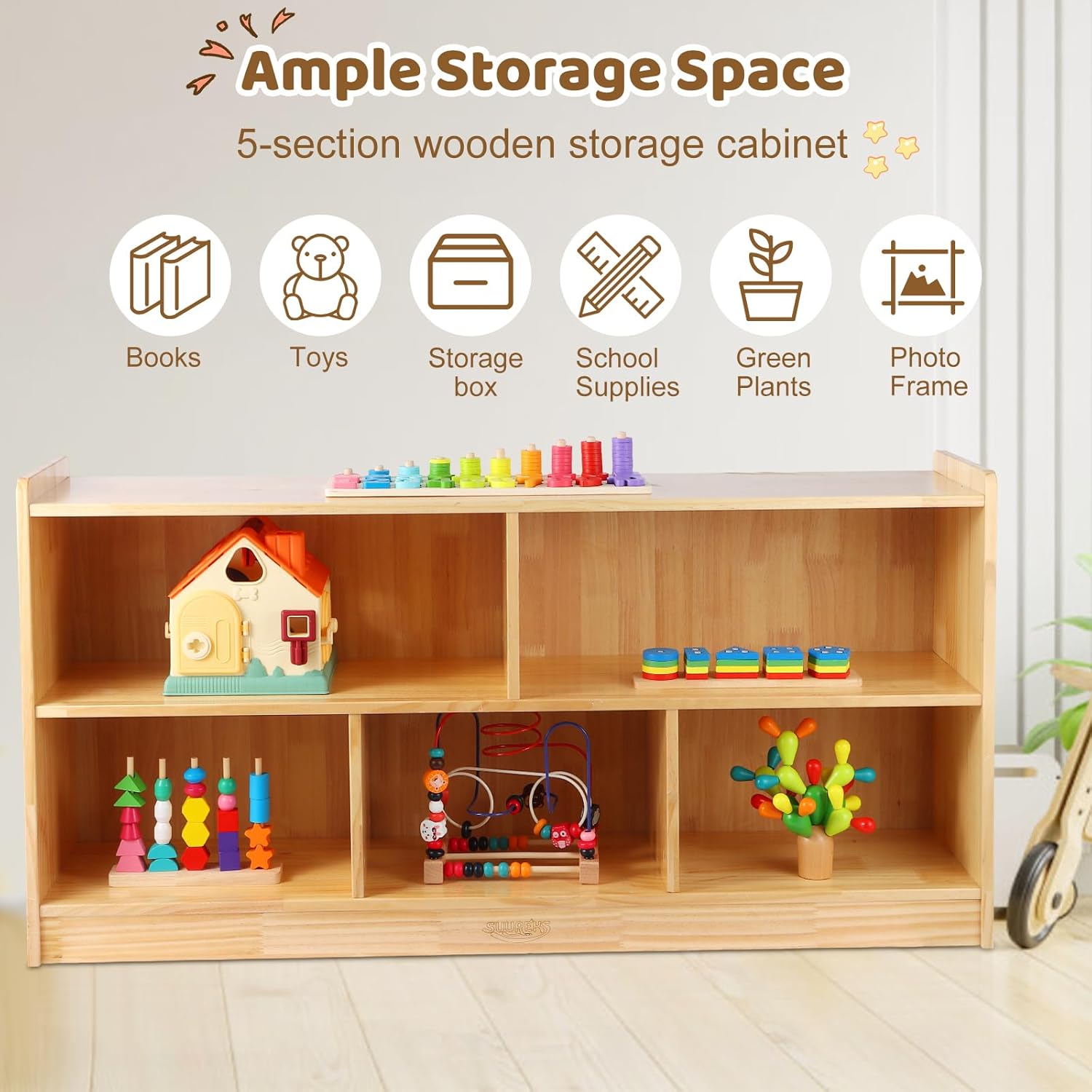 Montessori Shelf, 47-1/4 L Toy Shelf, Toy Storage Organizer with 2-Layer Bookshelf, 5-Section Wooden Storage Cabinet, Bookshelf for Kids Rooms, Playroom, School, Nursery