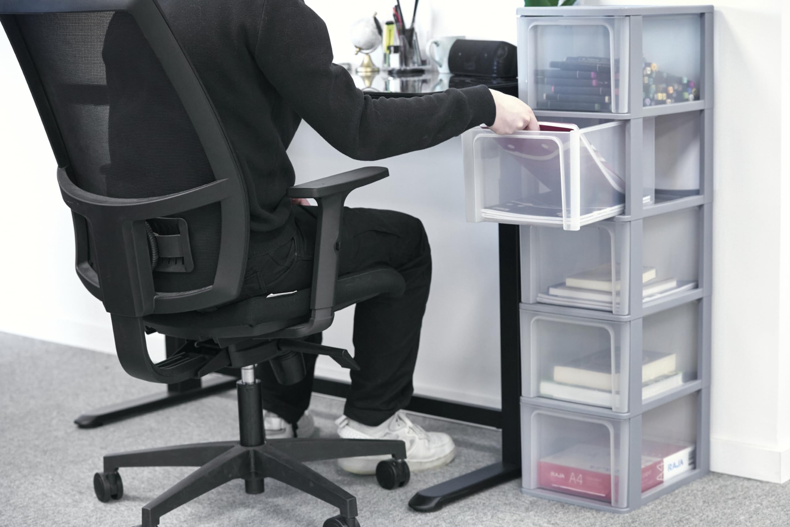 Iris Ohyama Cassettiera in Plastica, Portaoggetti, 5 Cassetti Grandi, Grigio, Apertura Facile, Formato A4, A5 e A6, Organizzatore, Per Ufficio, Scuola, Cartoleria, Senza BPA, Contenitore, OCH-2500