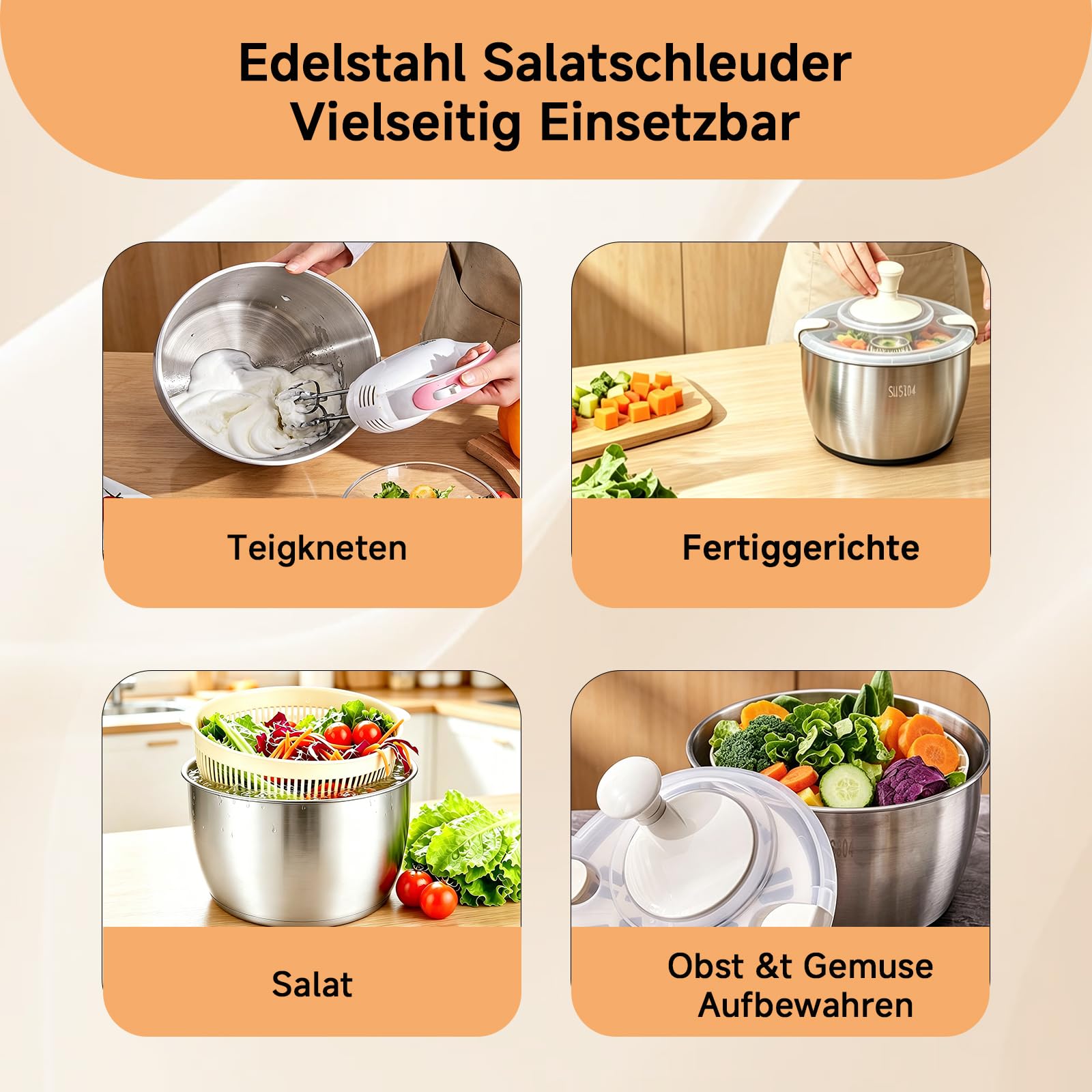 5L Salatschleuder Edelstahl Groß, 2 In 1 Hochwertige 304 Salad Spinner mit Deckel, Salatschleudern Kurbelantrieb mit Rutschfestem Boden & Wasserauslass, Salat Trockner für Frische Salate & GemüSe