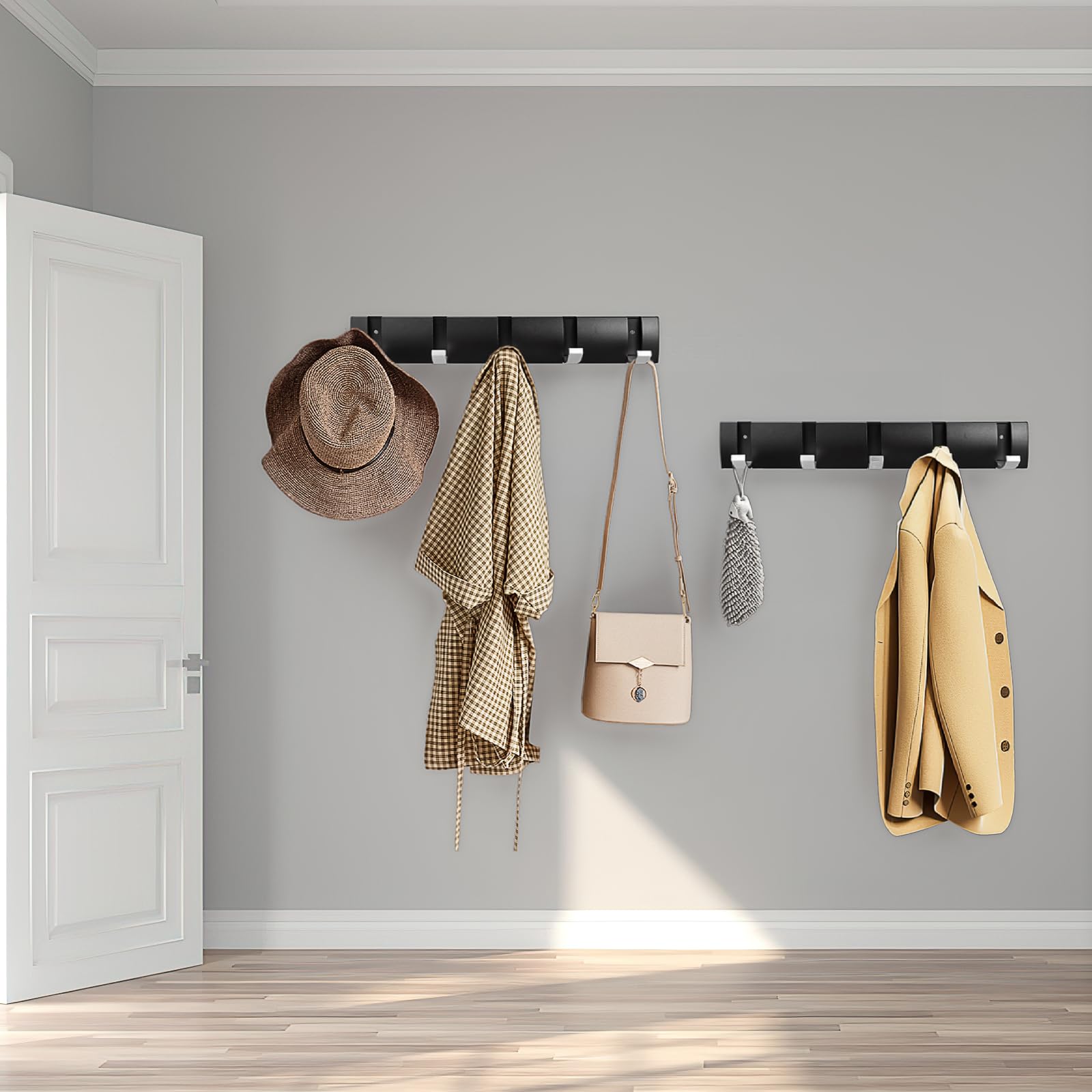 MSYU Wandgarderobe, schwebende Tür, Wandgarderobe mit einziehbaren Haken, Aluminium, platzsparende Kleiderbügel, Hakenleiste für Badezimmer, Eingangsbereich, Hut, Handtuch, 2 Stück (Schwarz und Silber