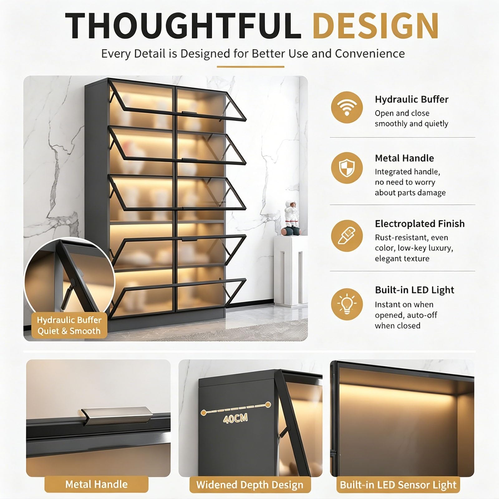 Vitrina expositora de vidrio templado con puertas abatibles y luz LED, mueble almacén de 4 estantes para figuras de acción, modelos y decoración del hogar(Black Frame Gray Body,80cm)