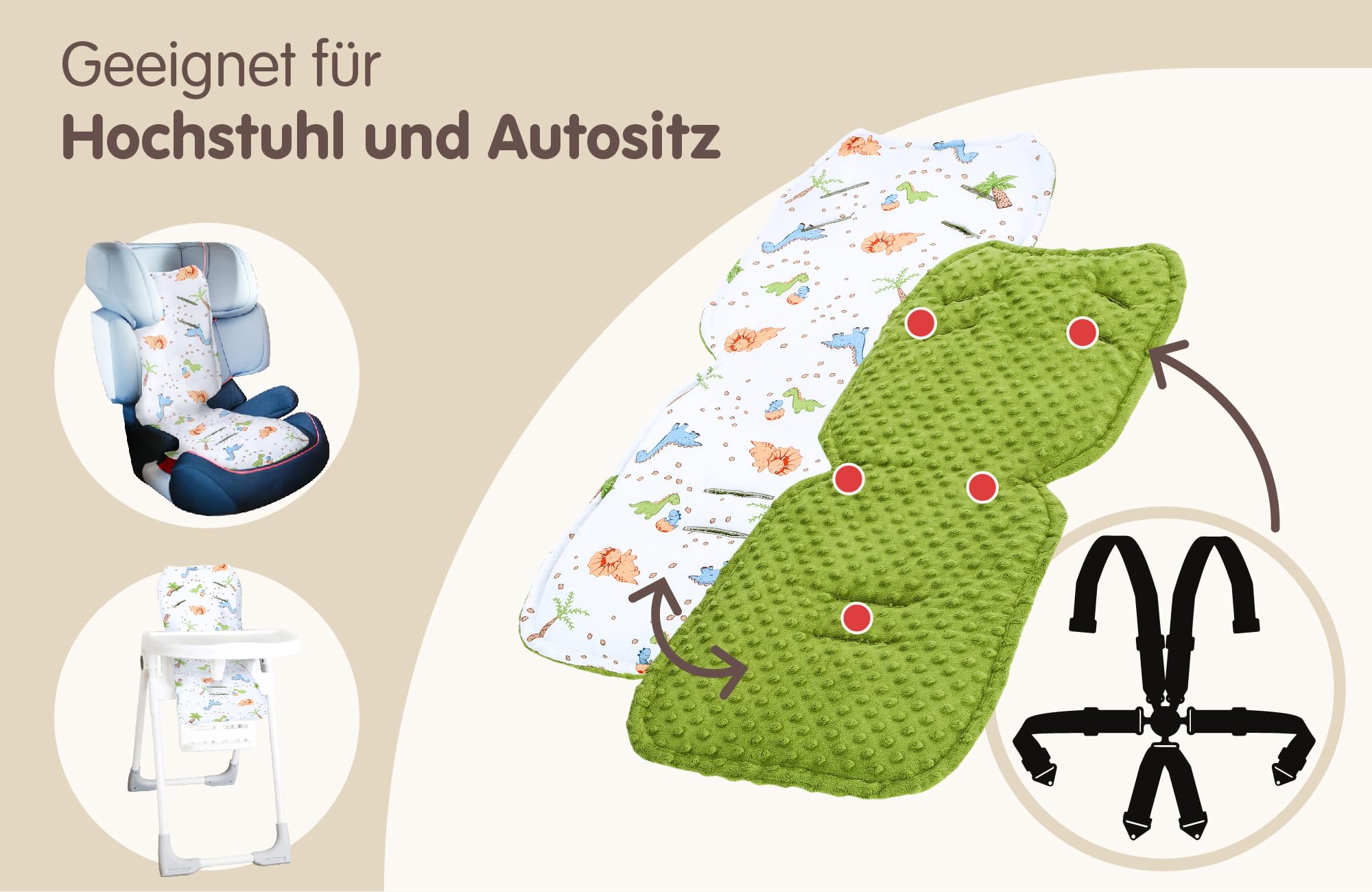Colchoneta silla paseo universal - Cojín reductor Ideal para carrito bebe funda asiento cómoda y protectora para mayor confort del bebé Minky Dinosaurio verde