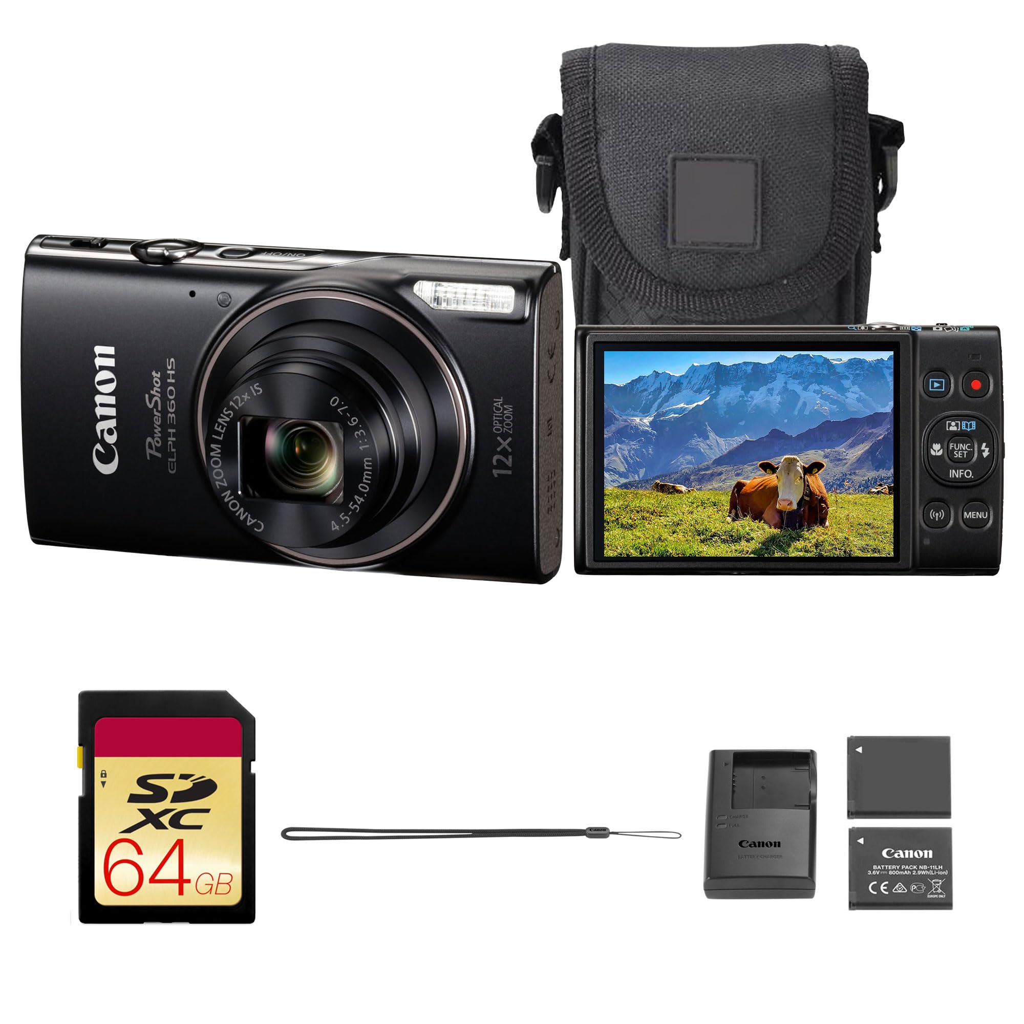 Canon PowerShot ELPH 360 HS Digital Camera | 20.2MP CMOS Sensor, 12x Optical Zoom & Built-in Wi-Fi | Compact Point-and-Shoot for Travel & Everyday Photography (1075C001) + 64GB Card + Case + More