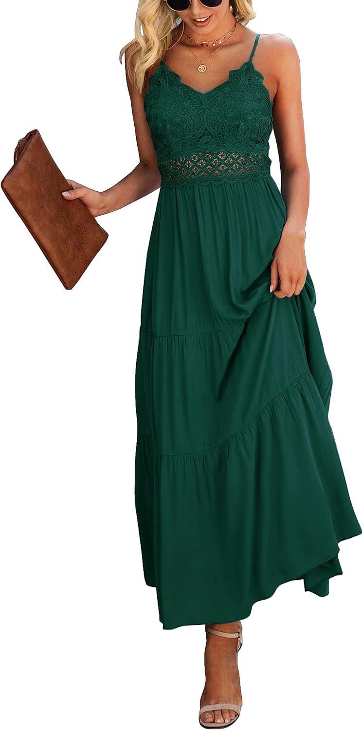 Dokuritu Women’s Beach Crochet Lace Maxi Dress Solid Color Summer Vacation Spaghetti Strap Long Dress 2024