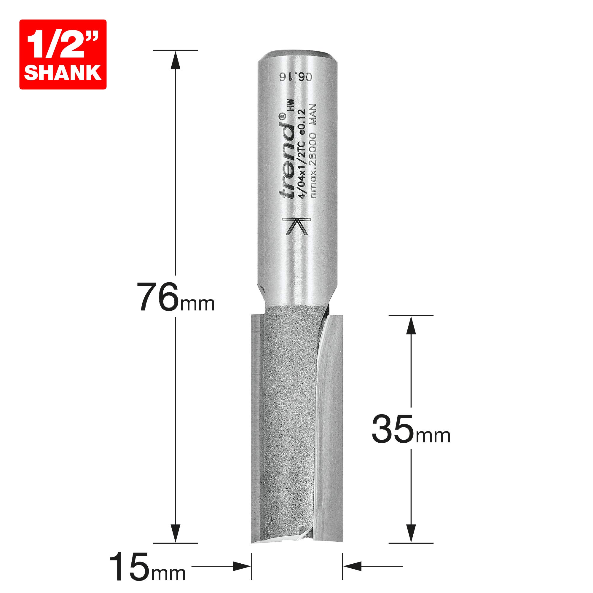 Trend Fresa per scanalature diritte 2 taglienti TCT, 1/2", Ø15x35mm | Tagli dritti puliti nel legno con fresa TCT a 2 taglienti, gambo 1/2", Ø15x35mm, 4/04X1/2TC