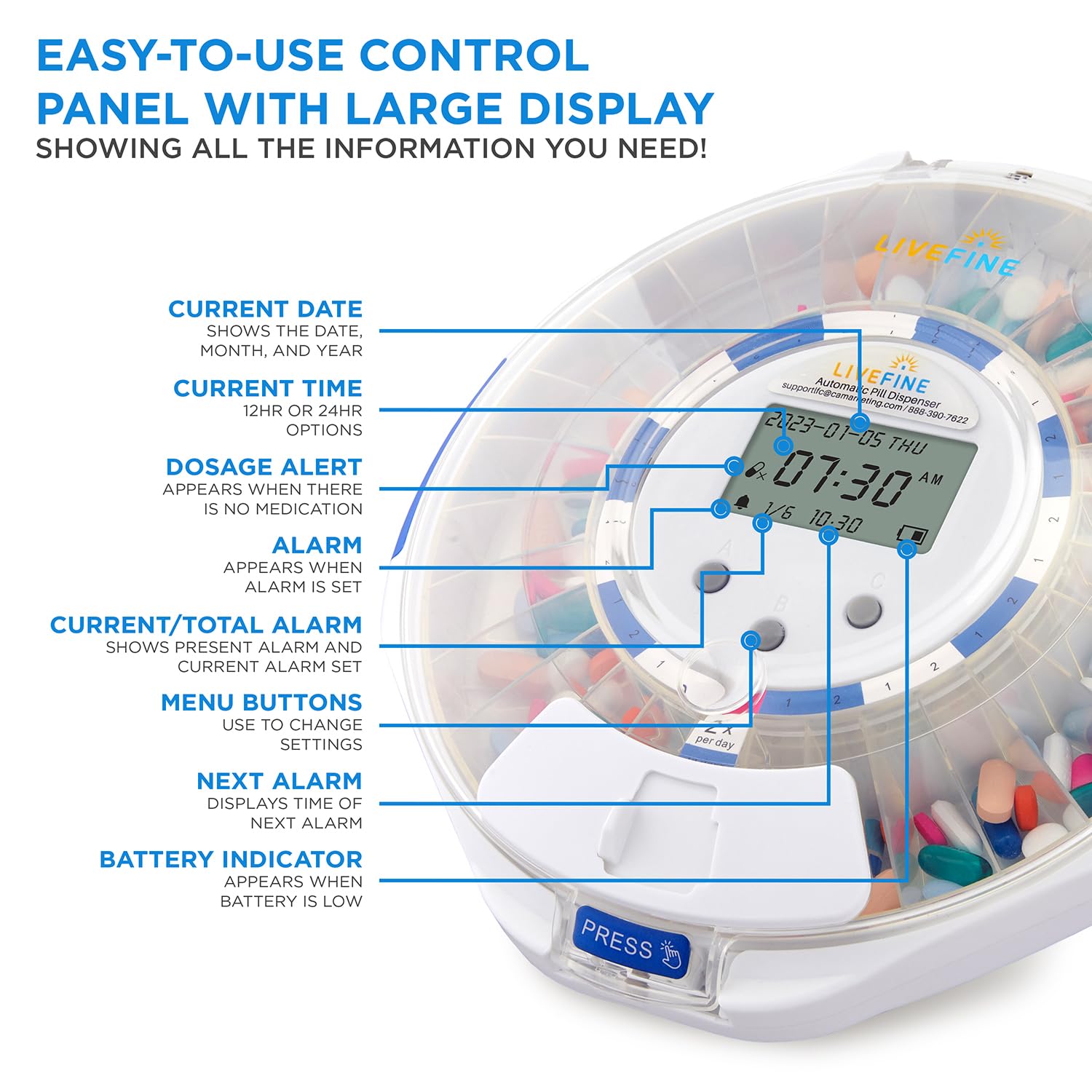 LiveFine Pilulier automatique avec organiseur électronique de médicaments de 28 jours, 6 anneaux de dosage, écran LCD avec alertes sonores et lumineuses, clé et loupe pour prescriptions, vitamines et