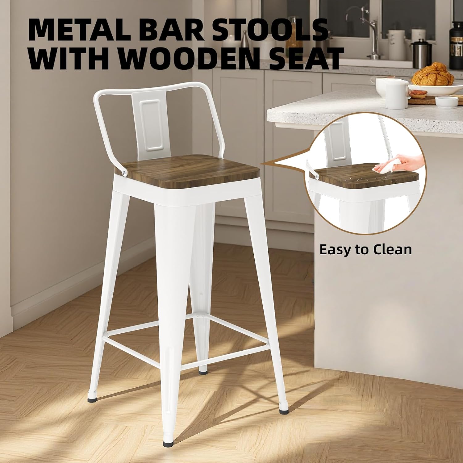 Swivel Bar Stools Set of 2, 26” Metal Bar Stools with Low Back & Wooden Top, Counter Heigt BarStools for Kitchen Island, White