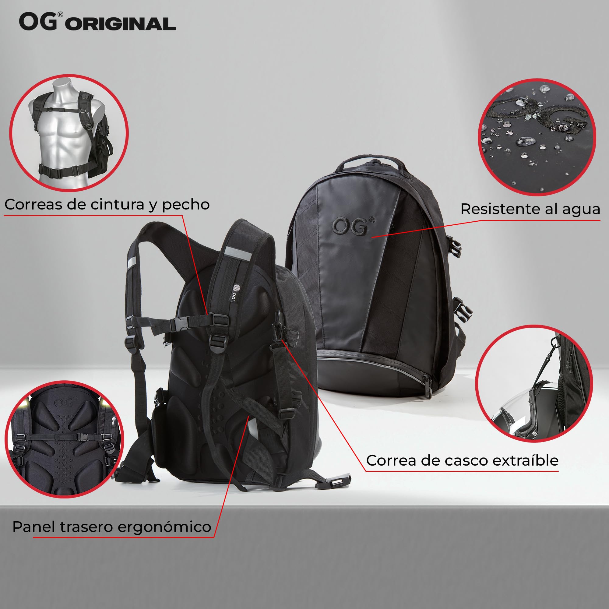 OG Original EZ-RiderPRO Mochila Moto Negra Expandible 28-35L, Bolsa Porta-Cascos Motorista, Correa Casco, Impermeable, Portátil, Reflectante
