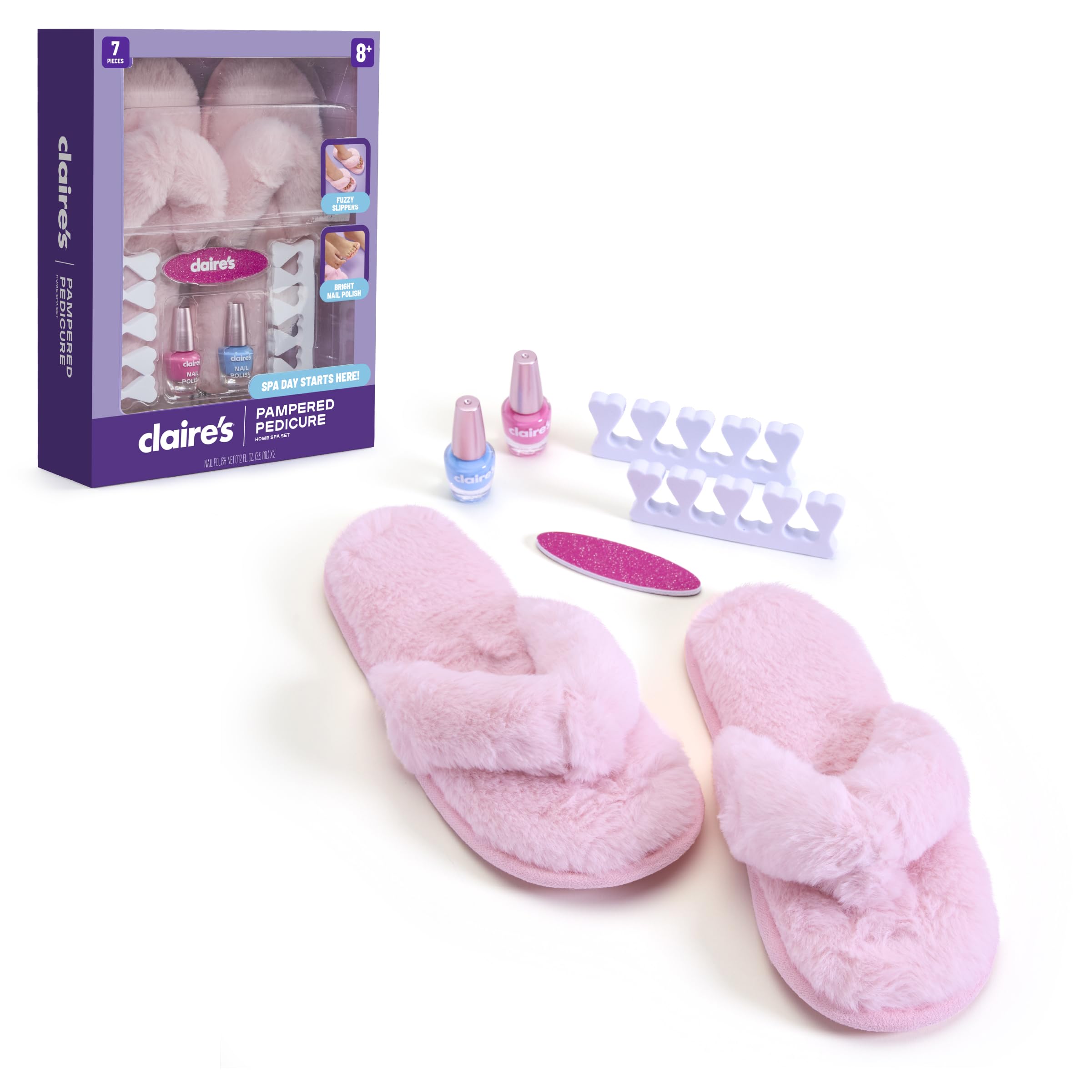 Claire's Kids Pedicure Kit, 7-Piece Home Spa Set with Fuzzy Slippers, Nail Polish, Toe Separators & Nail File, Kids Pedicure Tools for Feet, Girl Toys & Beauty Activity, Gift for Girls Age 8+