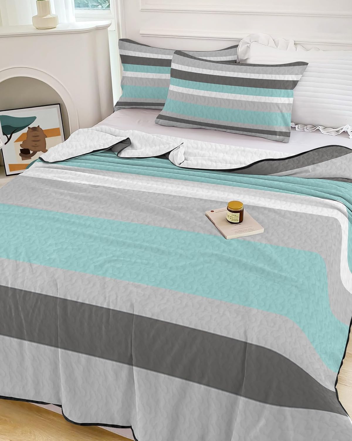 Twin XL Size Quilt Set, Green Gray Stripe Lightweight Bedspread Coverlet Set Soft Microfiber Summer Quilt with 2 Pillow Shams, Geometric Art 3 Piece Comforter Bedding Set