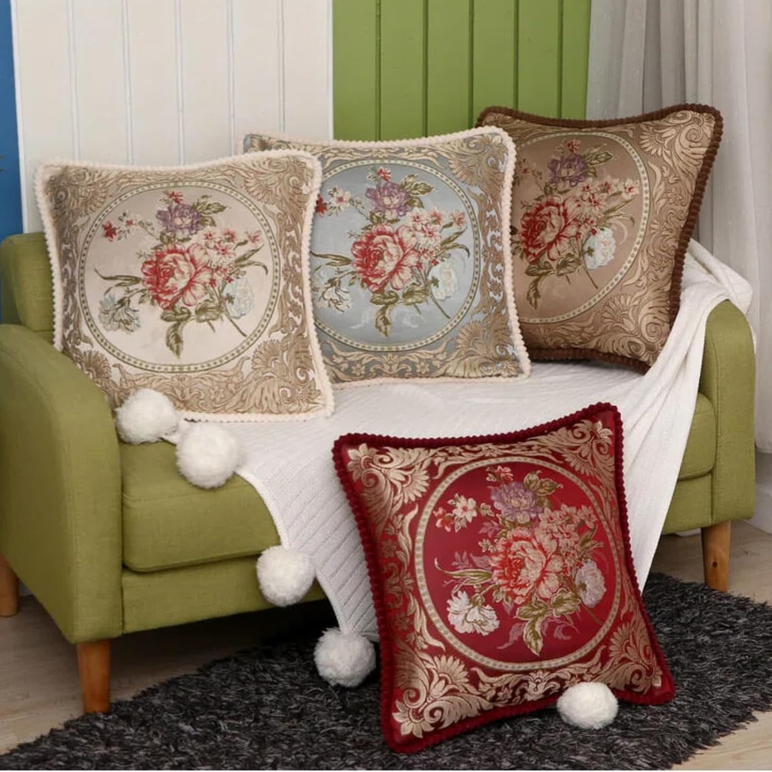 Embroidered Pillow Covers Set of 2, Jacquard Vintage Floral Pillow Cover, Soft Comfortable to The Touch Sofa Decorative Cushion Cover for Living Room, Bedroom, Balcony 18x18 Inch