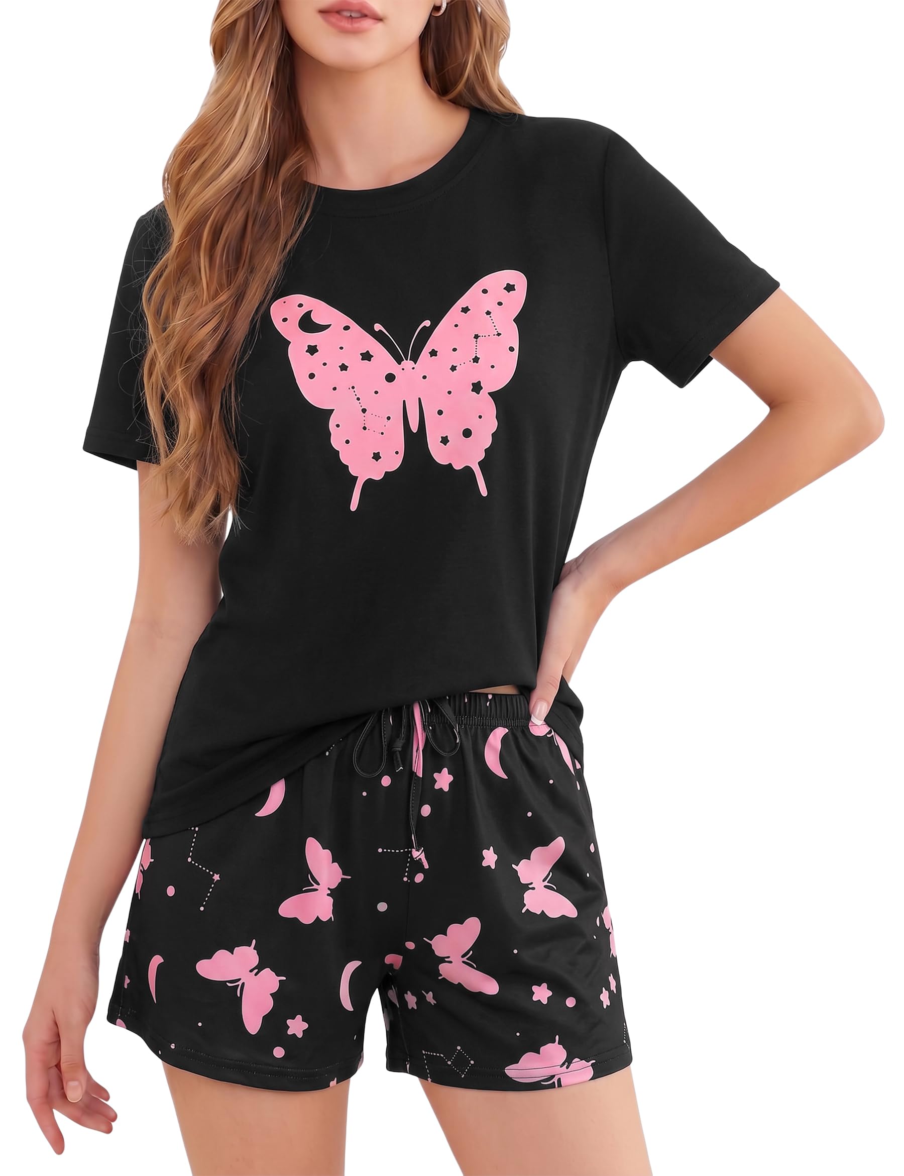 Leversic Damen Schlafanzug Kurz Pyjama Set aus Baumwoll-Mix, Sommer Nachtwäsche Zweiteiler mit Print-Motiv, Kurzarm Shirt und Shorts Loungewear Set für Frauen