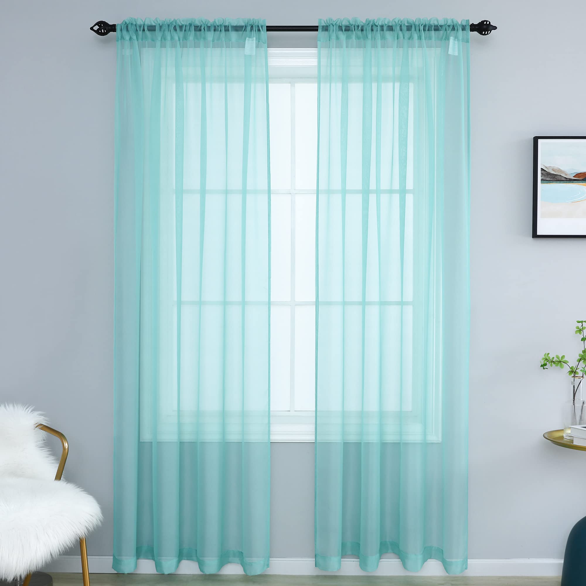 "N/A" YEHAN Light Turquoise Sheer Voile Window Treatment Rod Pocket Curtain Panels Decorative Window Treatment Airy Drapes for Villa Girls Room 52x84