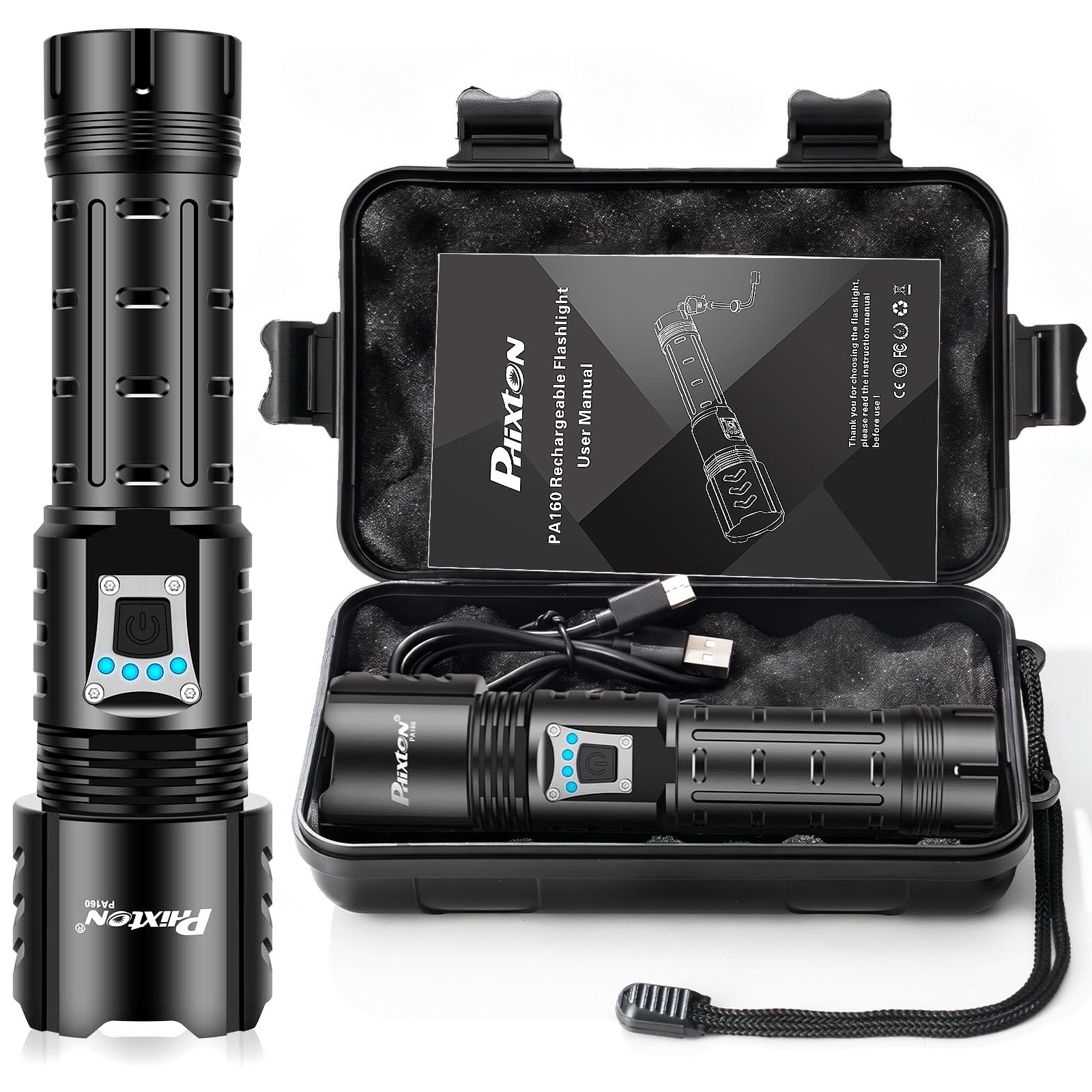PHIXTON Rechargeable Flashlights High Lumens 100000 Super Bright Long Range 3280FT, Long Lasting 15H Powerful USB C LED Strong Flash Light High Powered, Heavy Duty, Zoomable, for Home Camping Gift Compact