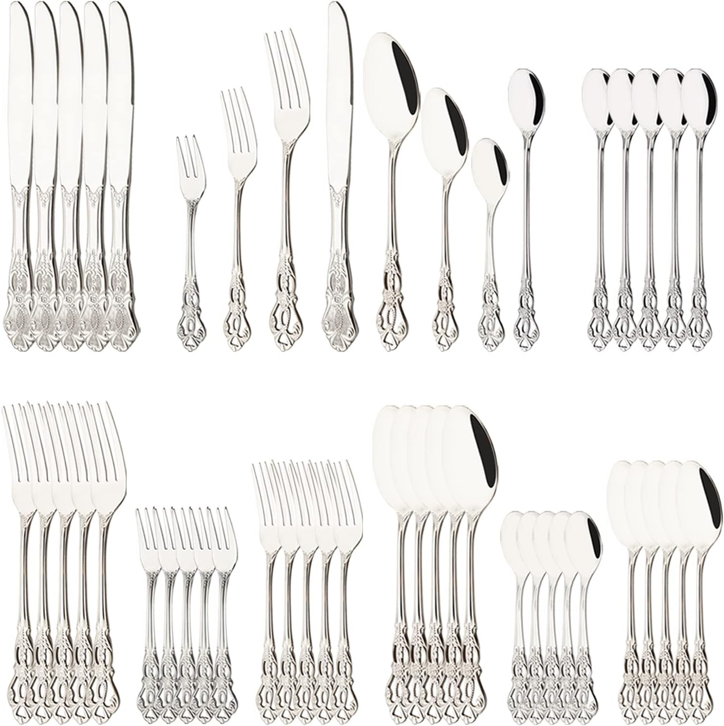 Shiny Silver 48-Piece Family Cutlery Set 18/0 Stainless Steel Fancy Flatware Set Service for 6 Luxury Retro Metal Forks Knives Spoons Silverware Set Mirror Polished