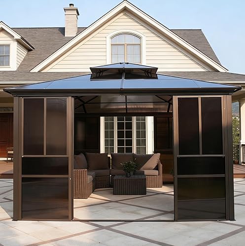 Miniatura 11 de YOLENY Cenador de techo rígido de 10'x12', toldo de techo de policarbonato para exteriores, marco de aluminio, pabellón permanente con cortinas