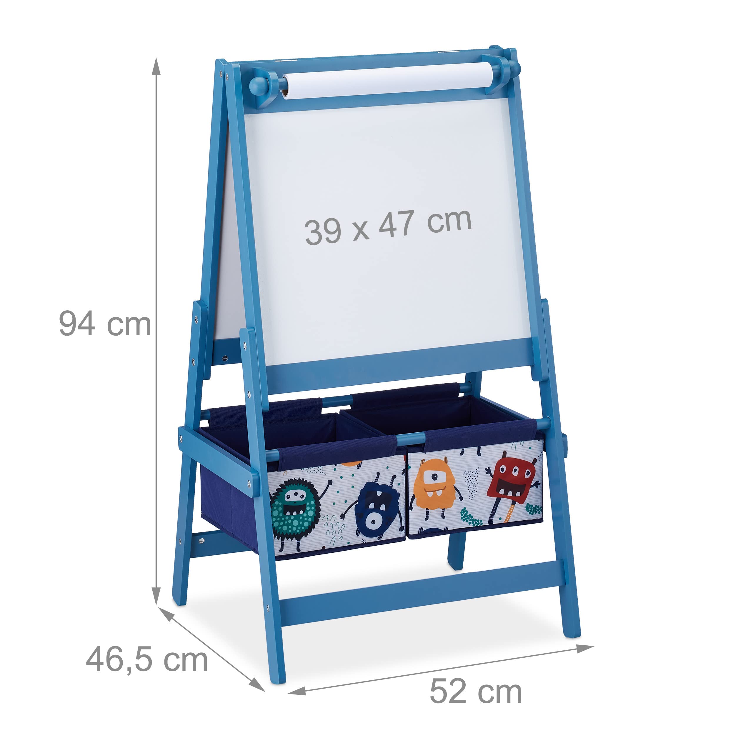 Relaxdays krijtbord kinderen, 2 in 1, schoolbord met papierrol & manden, HxBxD 94 x 52 x 46,5 cm, met whiteboard, blauw