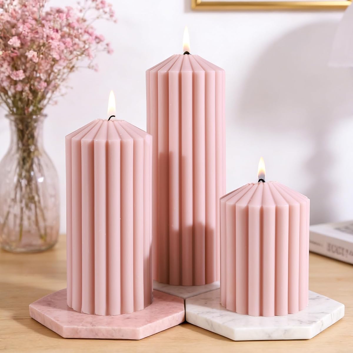 Ribbed Decorative Scented Pillar Candles, 3 Pack,2.8 x 4/6/8 Inch, Pink