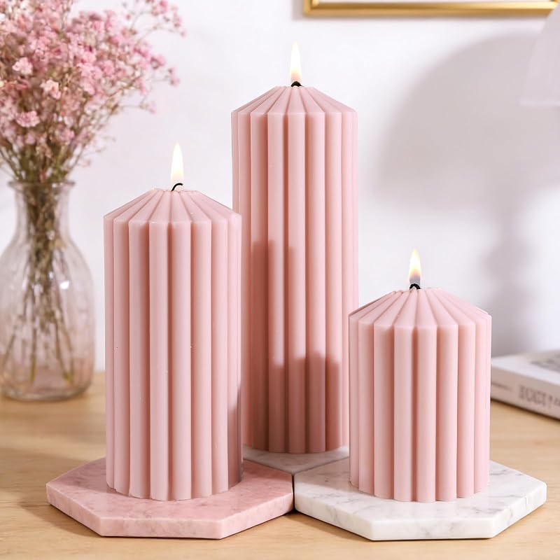 Ribbed Decorative Scented Pillar Candles, 3 Pack,2.8 x 4/6/8 Inch, Pink