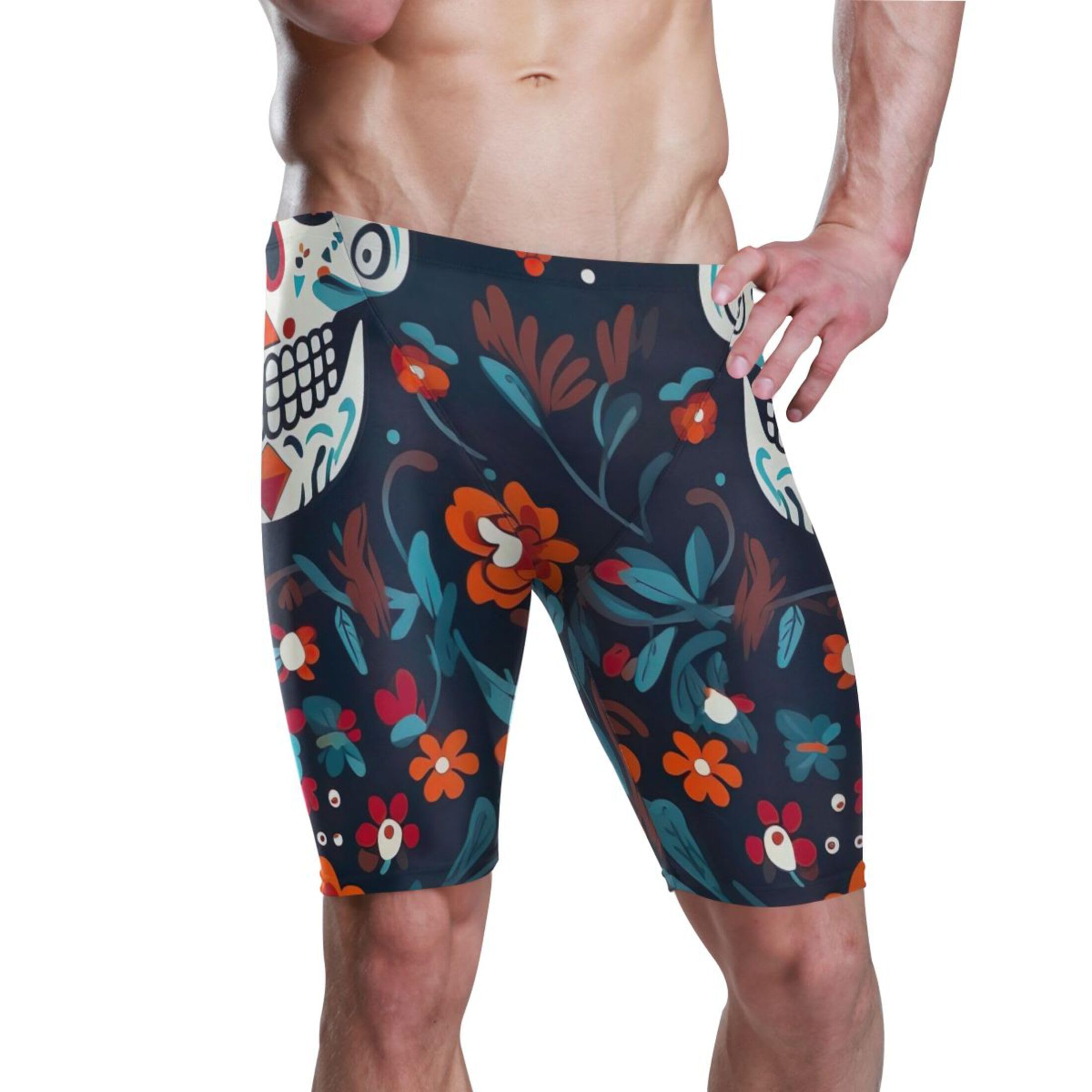 Sugar Skull Skeleton Gothic Flowers Men's Swimsuit Swim Jammers L B0400659