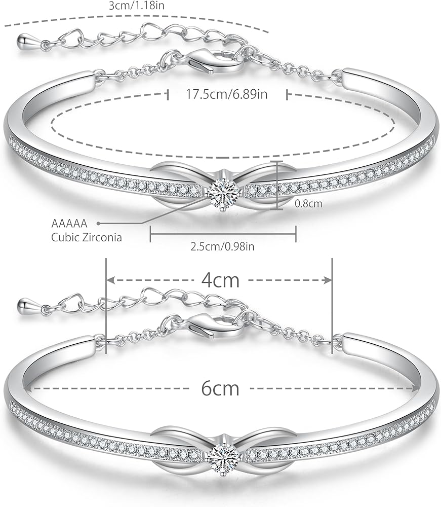 Joacii Bracciale placcato oro rosa 18 carati, infinito con simbolo dell'amore, per donne con bracciale regolabile, 18 cm, Argento sterling, Zirconia cubica