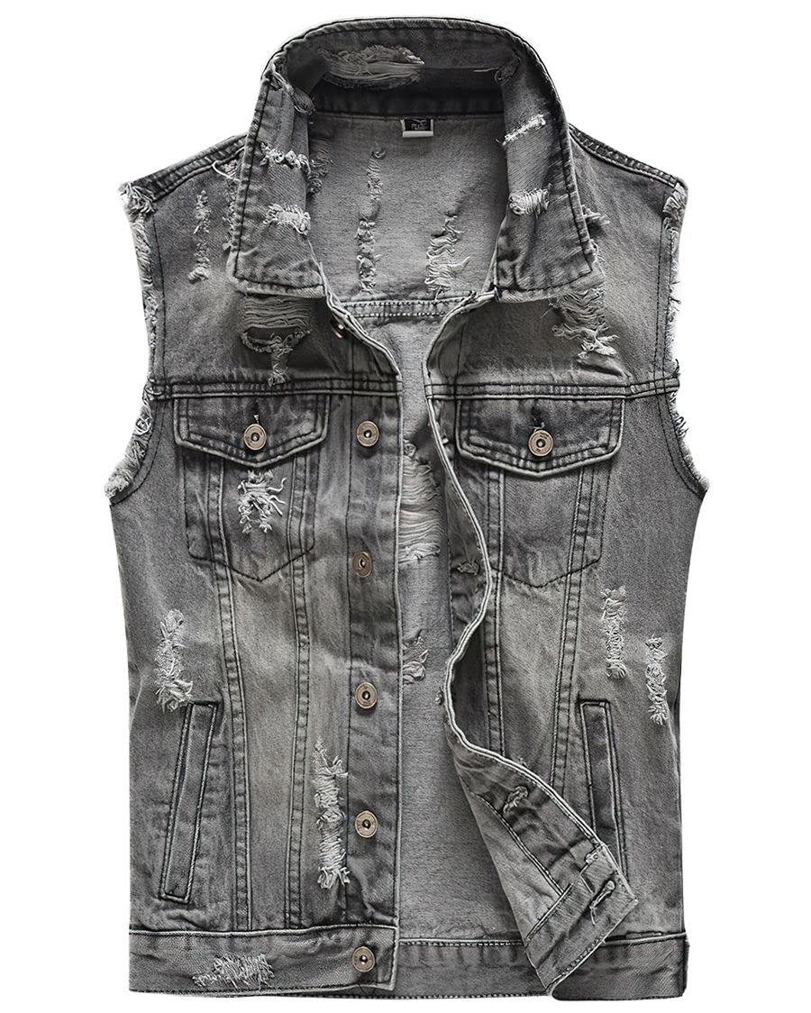ebossy Men's Ripped Distressed Denim Vest Small Grey
