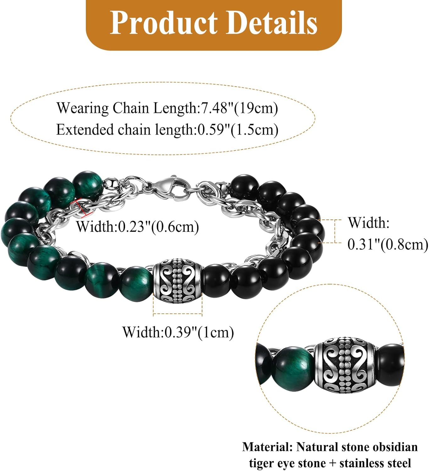 Tiger Eye Beaded Bracelet for Men: Cross Skull Celtic Knot Black Agate Stone Natural Beads Stretch Link Chain Bracelet Valentines Halloween Jewelry - Image 6