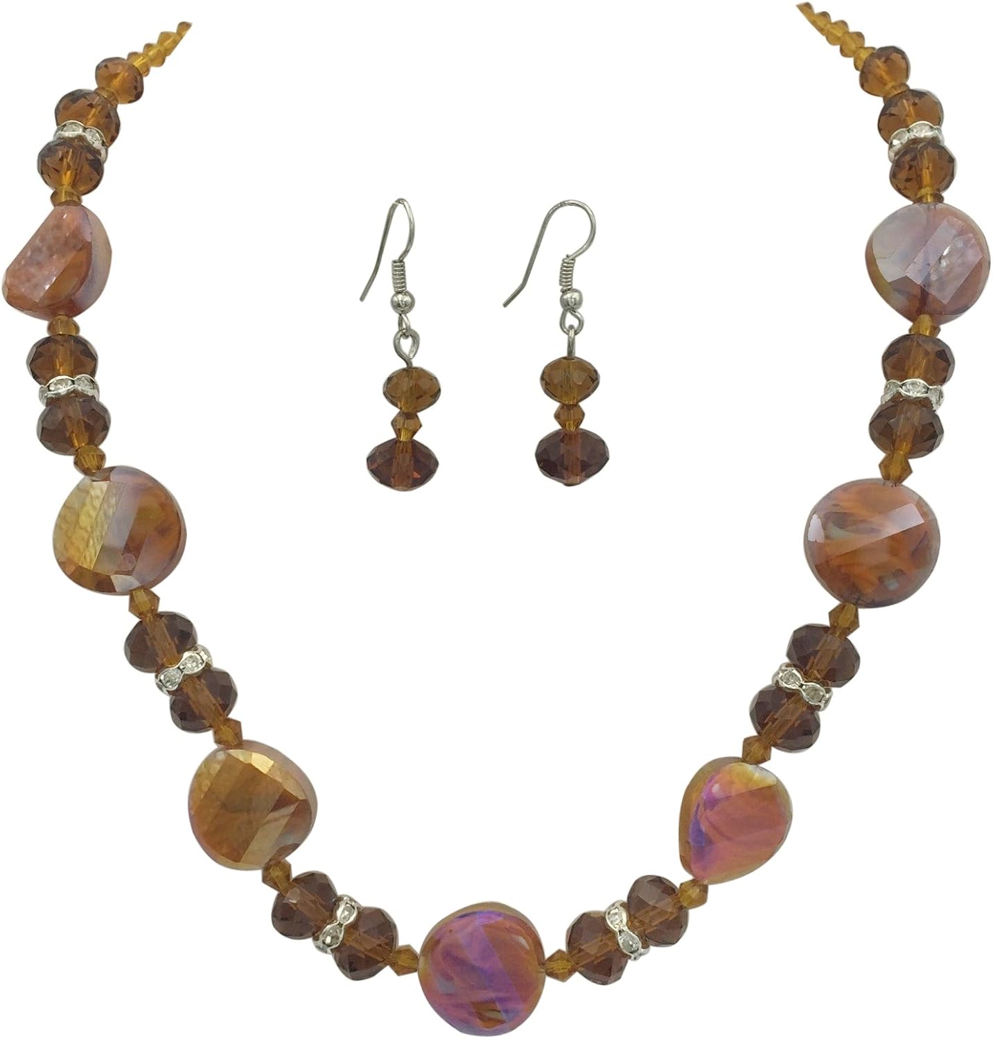 Gypsy Jewels Single Strand Glass Beaded Necklace & Dangle Earrings Set (Brown Swirl Disk)