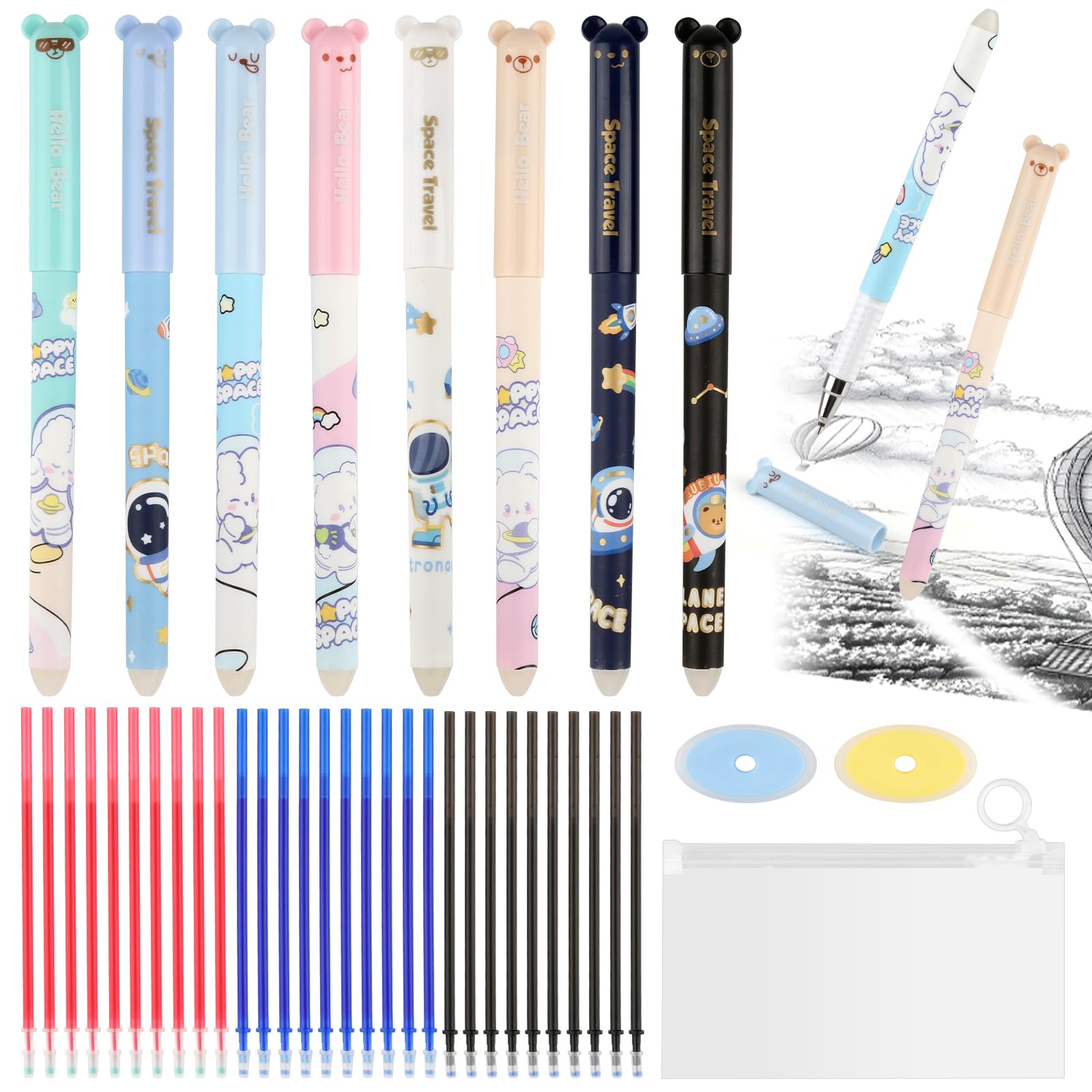 JIANGZHIB Erasable Ballpoint Pen, Pack of 8 Gel Pens Ballpoint Pens, Gel Pen with 30 Refills and 2 Erasers