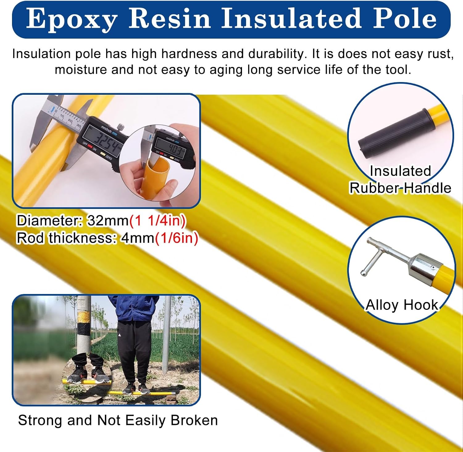 High Voltage Insulation Poles 5m (16.4ft) with Rainproof Rubber Cap, 110kV Power Switch Extension Rod for Electrical Maintenance & Safety (4 Sections) image 5