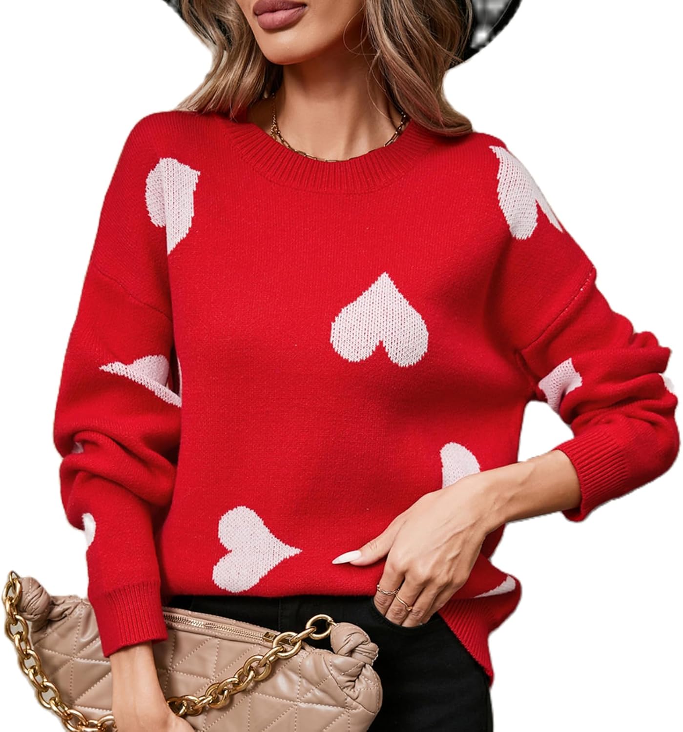 Women Y2k Valentines Oversized Knit Sweater Heart Print Long Sleeve Crew Neck Loose Pullover Tops Streetwear