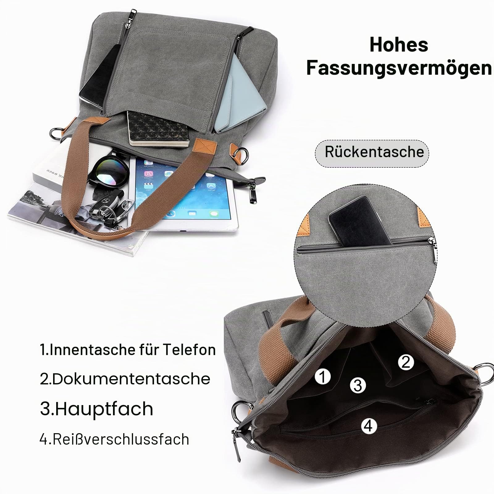 FANDARE Retro Handtaschen Leinwand Schultertasche Damen Umhängetasche Frauen Arbeitstasche für 12.9 Zoll Tablet Shopper Reisen Crossbody Messenger Bag Grau