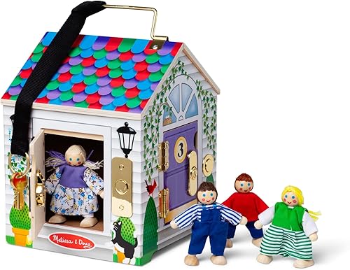Melissa & Doug Casa de muñecas de madera con campanilla, para llevar, con sonidos de campanillas, llaves, 4 muñecas de madera que posan