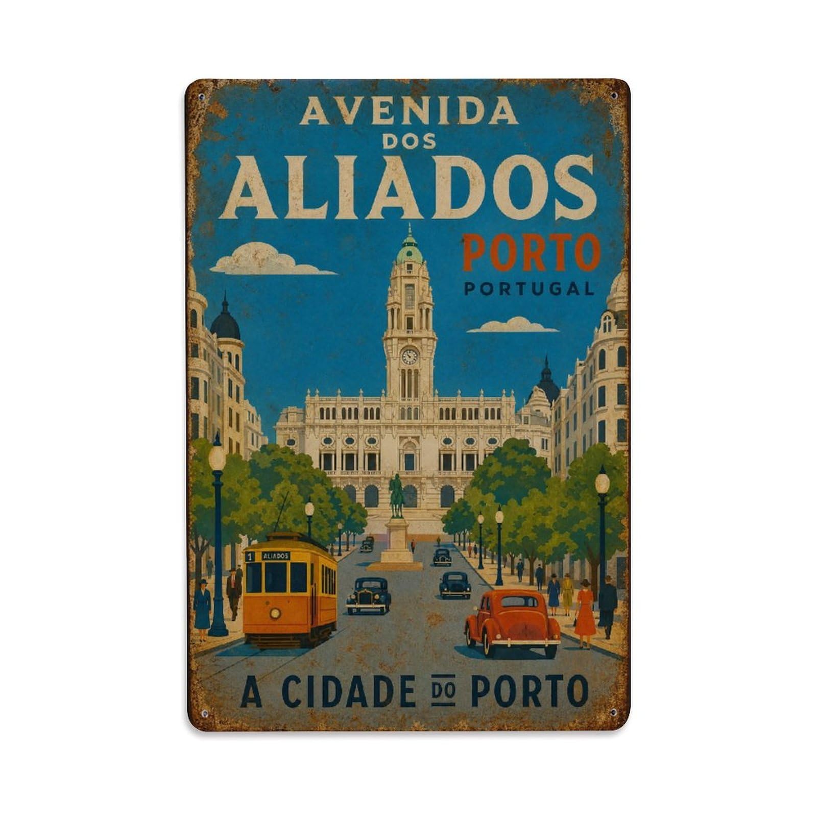 Vintage Travel Avenida Aliados Central Boulevard Portugal Metal Tin Sign
