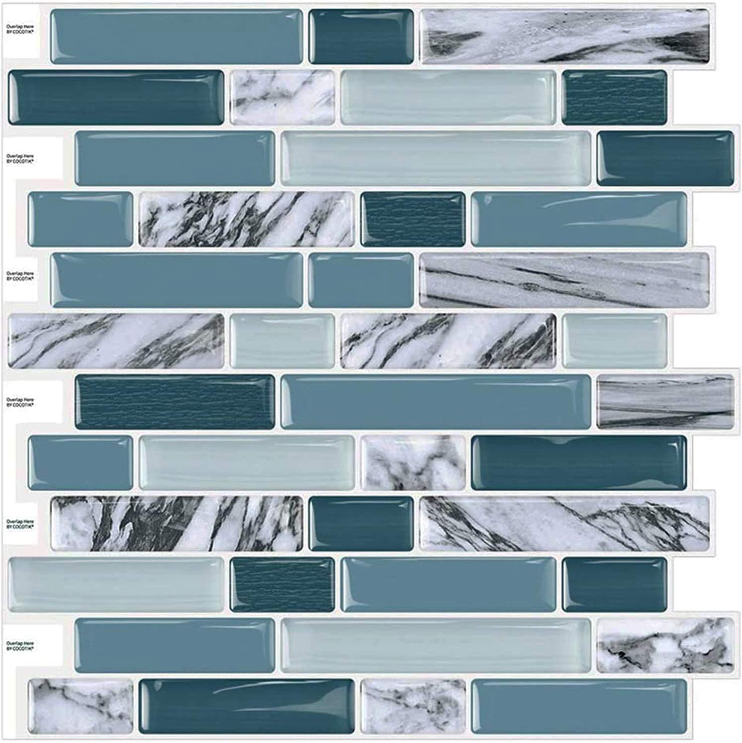 Cocotik12"x12" 3D Gel Tile Self Adhesive Wall Tile Peel and Stick Backsplash for Kitchen and Bathroom, 10 Sheets (Teal Blue)