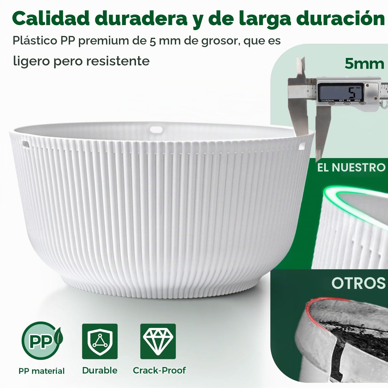 T4u Maceta Colgante 20 cm Pack de 2 con Drenaje para Exterior Blanco | Diseño estriado, cadena resistente, plantas verdes, flores, balcón, ventana, hogar, oficina, ahorro de espacio, decoración