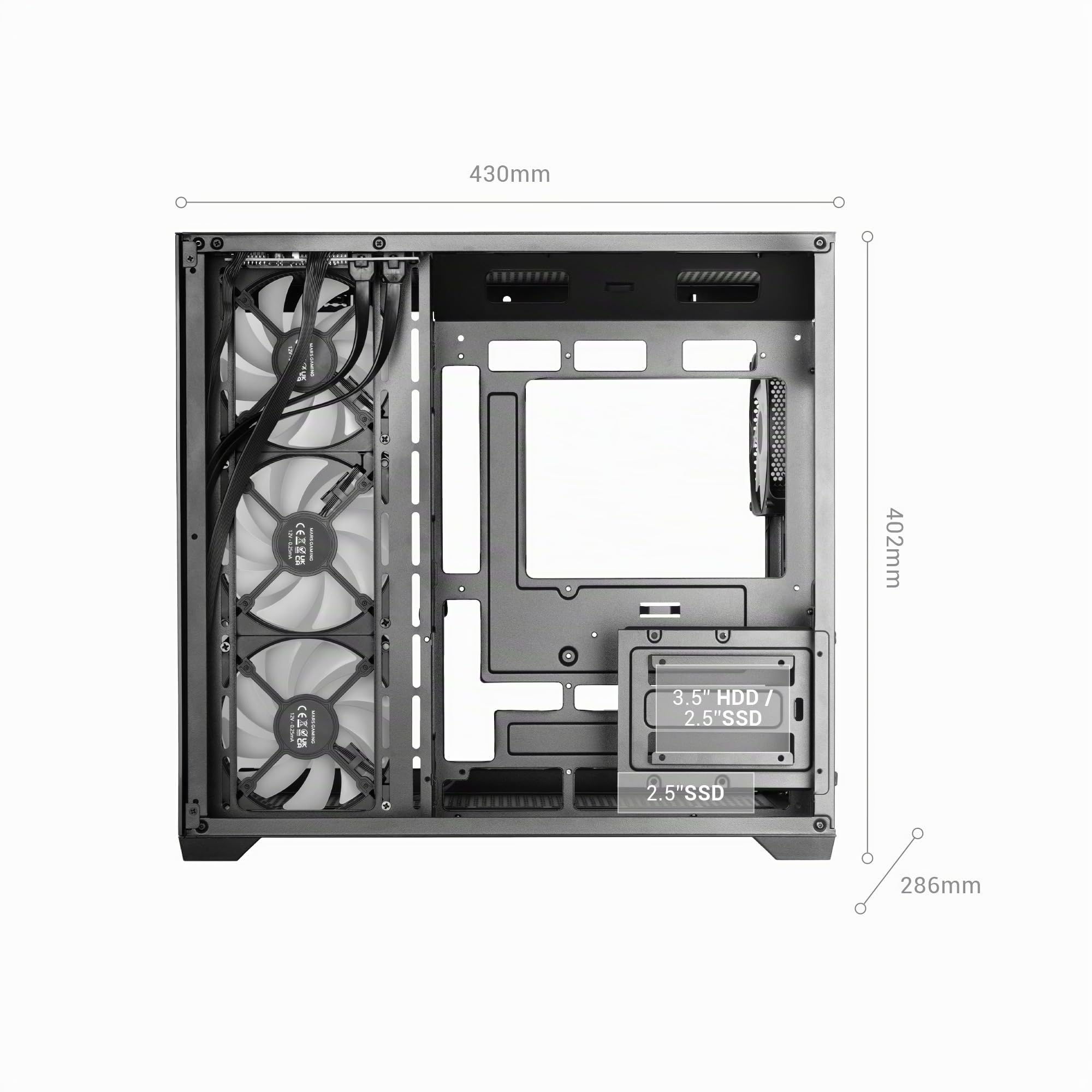 Mars Gaming MCV5, Caja PC ATX, Cristal Templado Panorámico, 4X Ventiladores ARGB 120mm, 7 Slots PCI Horizontales + 2 Slots PCI Verticales, Compatible con Placas Base de Conector Inverso, USB-C, Negro