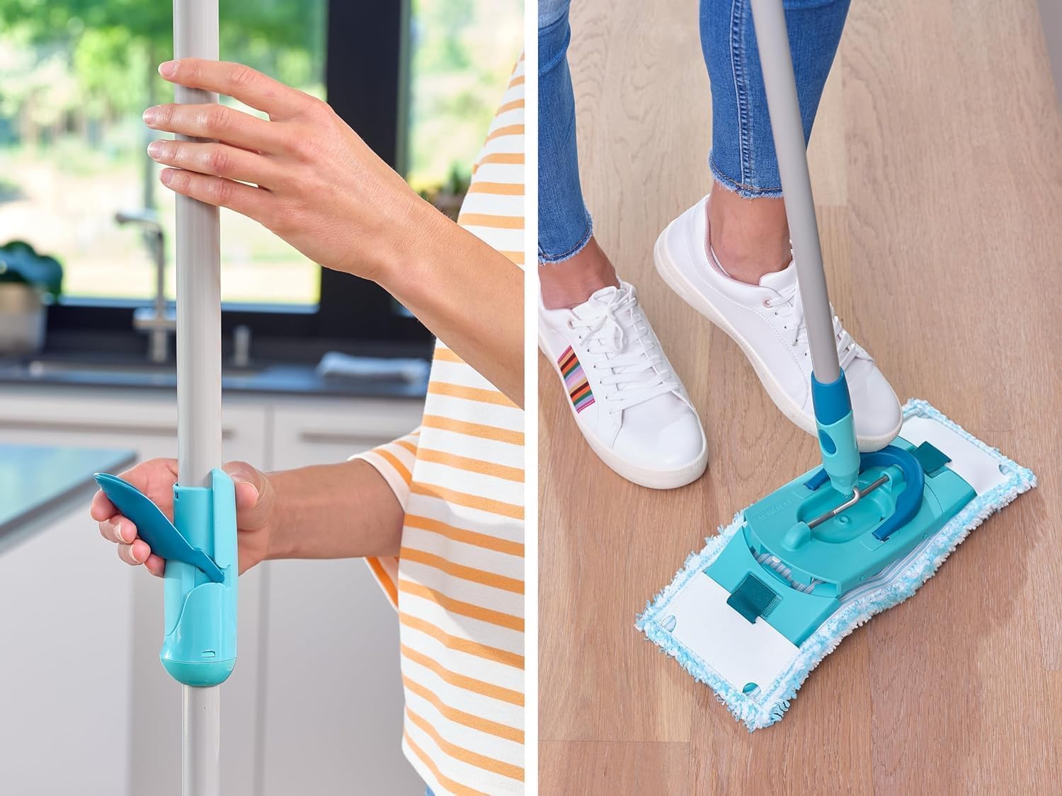 Leifheit Set CLEAN Twist M Flachwischer Ergo 2.0 mit Rollen, Bodenwischer mit Supersoft Bezug für nebelfeuchte Reinigung auf Parkett, Laminat und Echtholz, Mop mit Schleudertechnologie