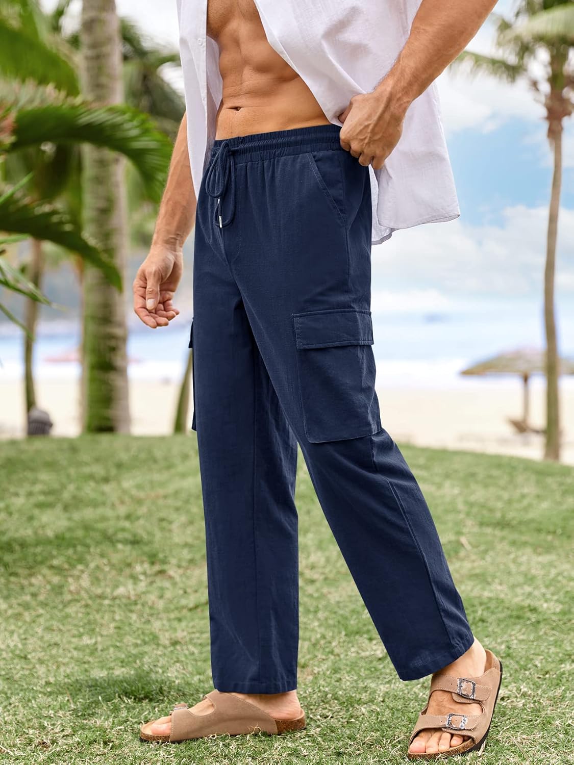 PASLTER Mens Linen Cargo Pants Lightweight Elastic Waist Drawstring Casual Loose Summer Beach Yoga Pants with Pockets - Image 3