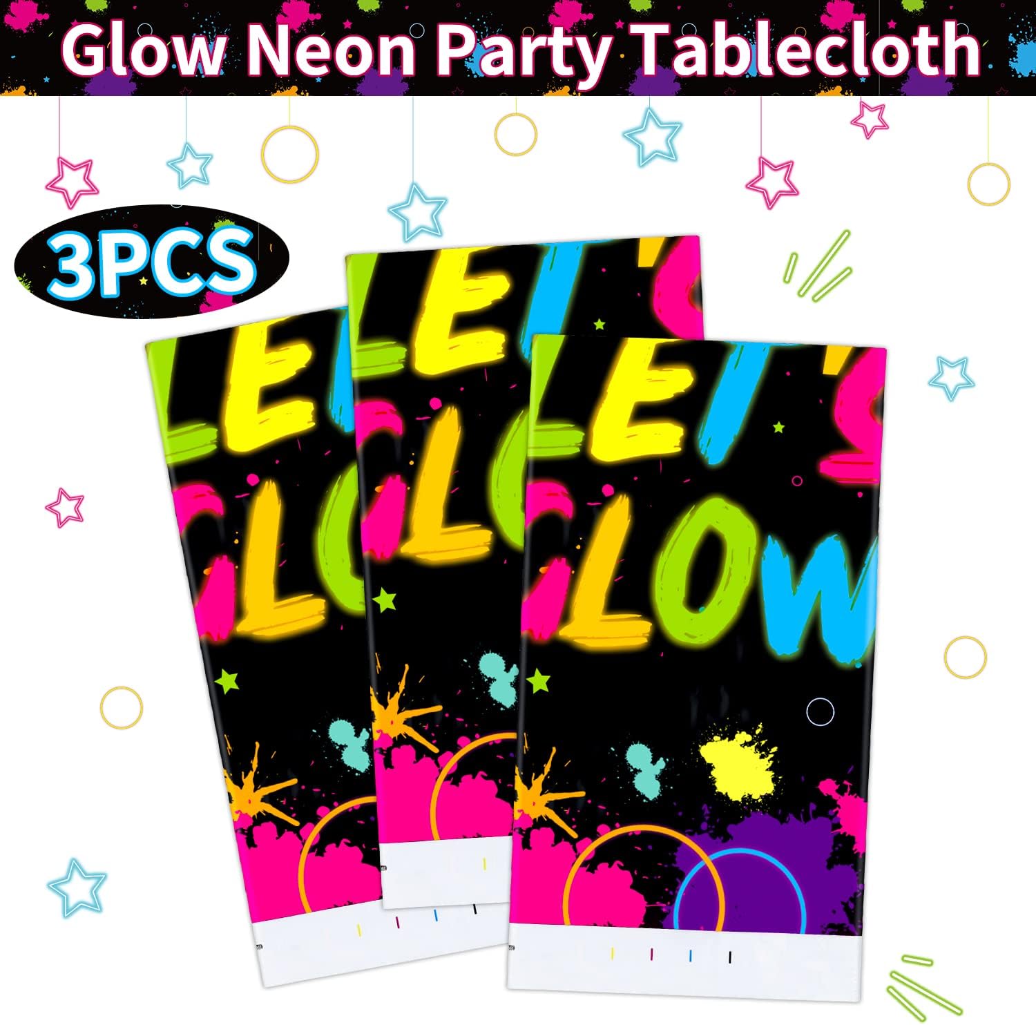 3 Pack Glow Neon Party Tablecloths Supplies - Let's Glow Plastic Birthday Table Cover, Neon Rectangle All Over Print Table Cloth for Black Light Party Decorations, 51"x86.6"