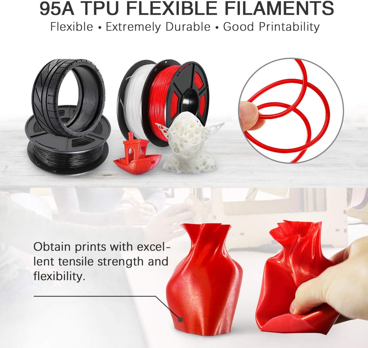 SUNLU Flexible TPU 3D Printer Filament, Fit Most FDM 3D Printers, Flexible TPU Filament 1.75mm Dimensional Accuracy +/- 0.03mm, Soft Consumables Roll, 0.5kg Spool (1.1 lbs), 165 Meters, 95A TPU Red