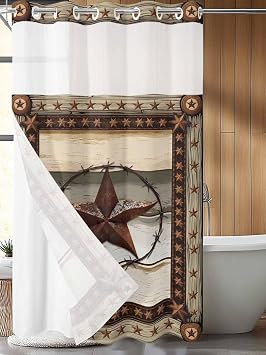 No Hook Shower Curtain, Texas Star Farm Small Shower Curtains with Snap in Liner, Vintage Country Star Brown Wood Grain Waterproof Washable Fabric Bathroom Curtain Sets, 36" x 78"