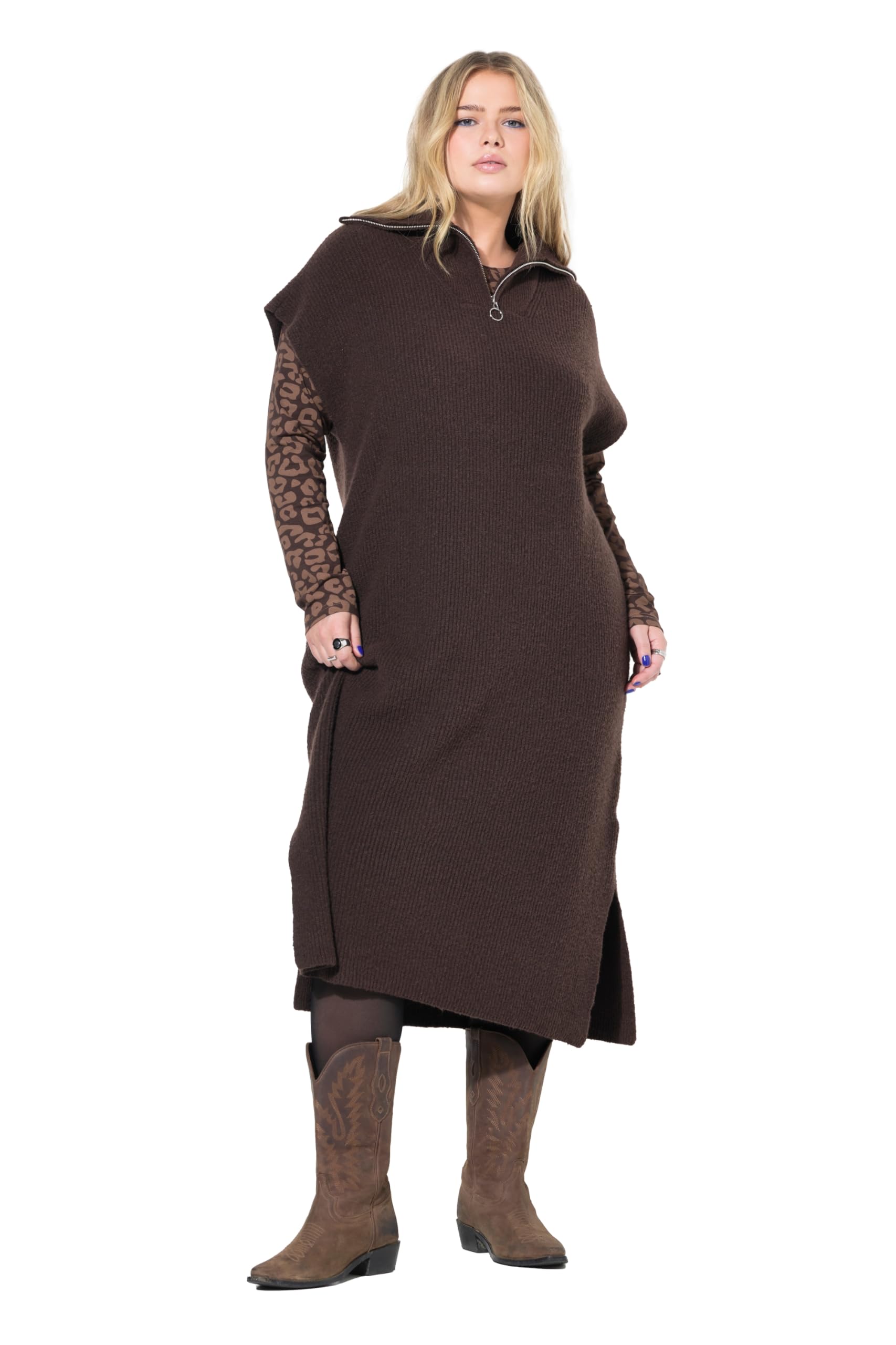 Studio Untold Damen große Größen Übergrößen Plus Size Strick-Kleid, Oversized, Troyerkragen, ärmellos, Midilänge 827140