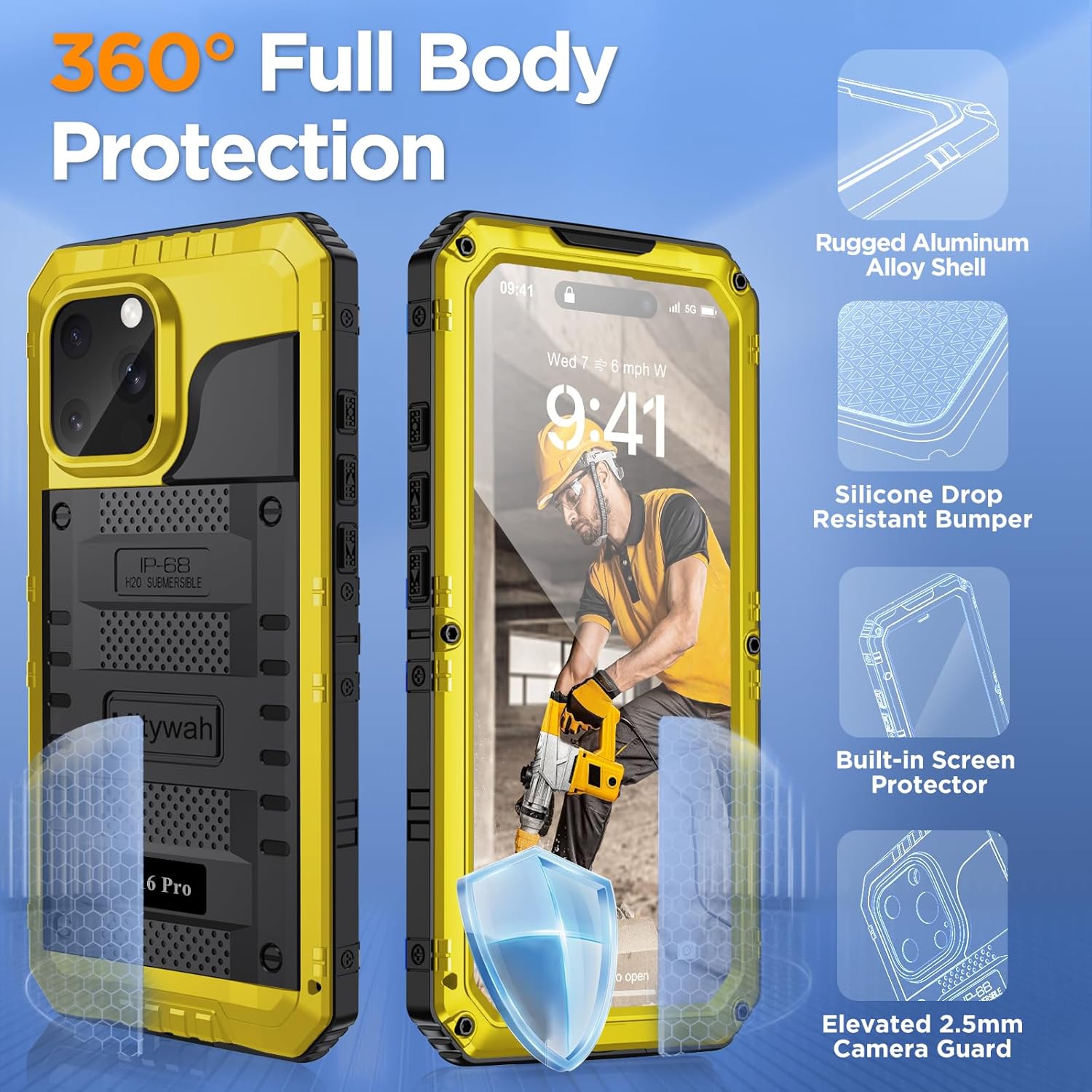 Mitywah Waterproof Case for iPhone 16 Pro, Shockproof Heavy Duty Case with Built-in Screen Protector, Underwater Full Body Protective Metal Case 6.3 inch, Yellow - Image 5
