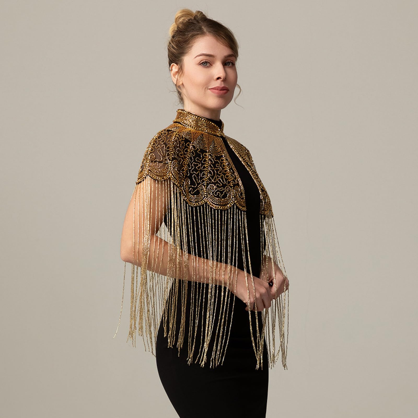 Elegante scialle ricamato in poliestere con frangia lunga e perline Decors Prom Dinner Wrap per donne e ragazze con frange