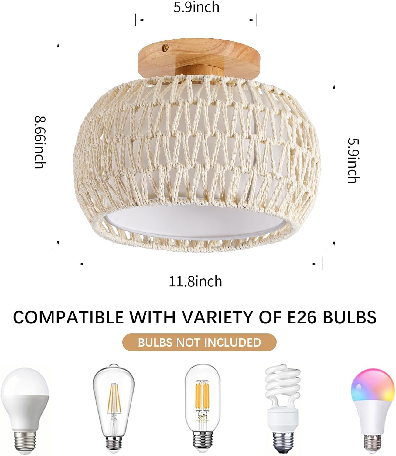 Boho Rattan Ceiling Light Fixture - 3 Style Options Wicker Semi Flush Mount Ceiling Lights,Beige Coastal Light Fixtures,Bohemian Woven Basket Chandelier for Hallway Bedroom Nursery Kitchen Laundry