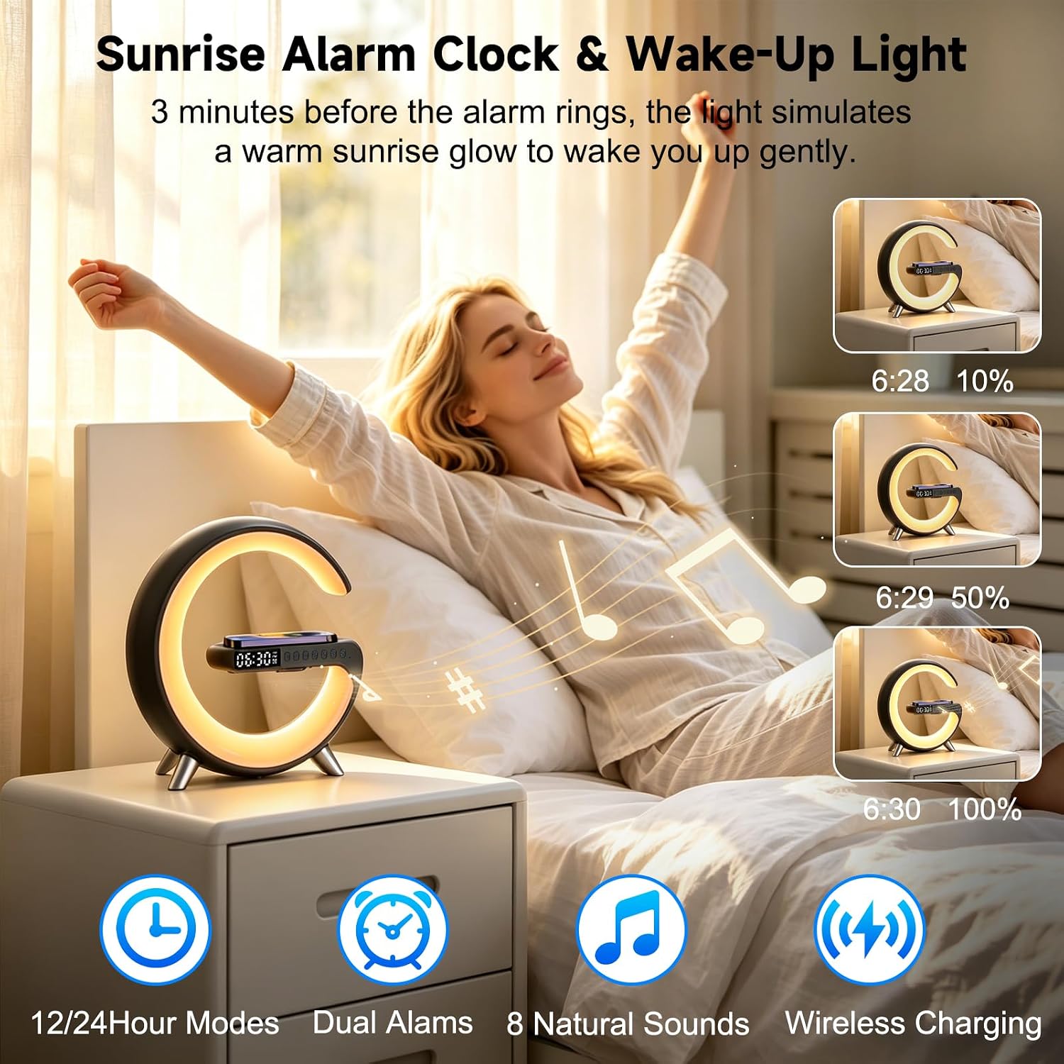 Smart LED Table Lamp with Wireless Charger, RGB Night Light, Bluetooth Speaker, Sunrise Alarm Clock & App Control Bedside Lamp with Charging Station for Bedroom Office Home Decor, Teen Girls Boys Gift 5