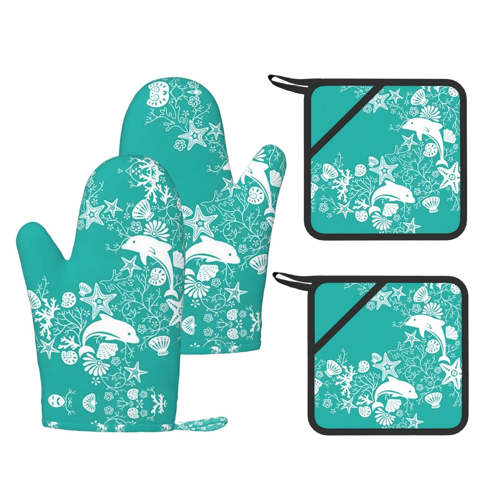 Eeprty Black Dolphins Flowers Sea Starfish Coral Seashell Printed Kitchen Oven Gloves And Potholder 4 Pcs, Non-Slip Heat Resistant Mitts For Baking Chef
