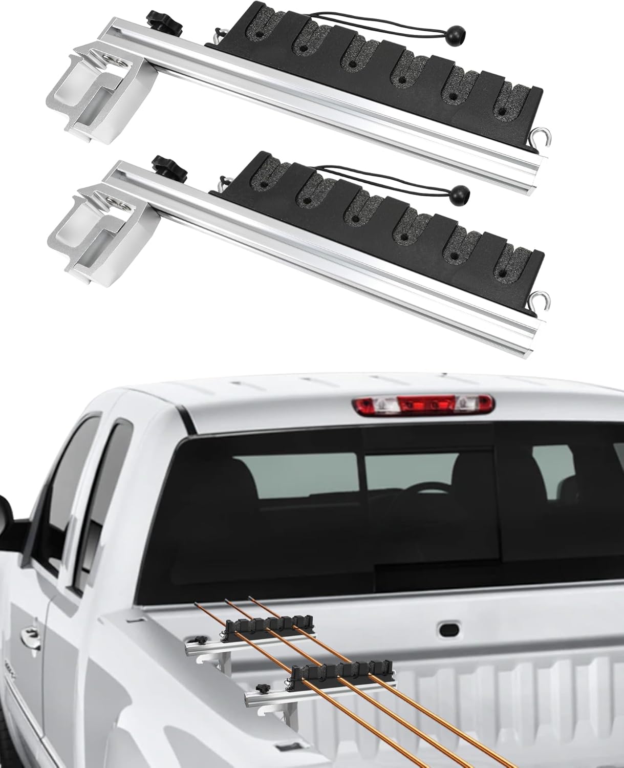 Truck Bed Fishing Rod Holder, Adjustable Aluminum Clamp on Rod Holder, Can Hold 6 Fishing Rods, Compatible with Truck Bed or Boat Pickup Truck Bed
