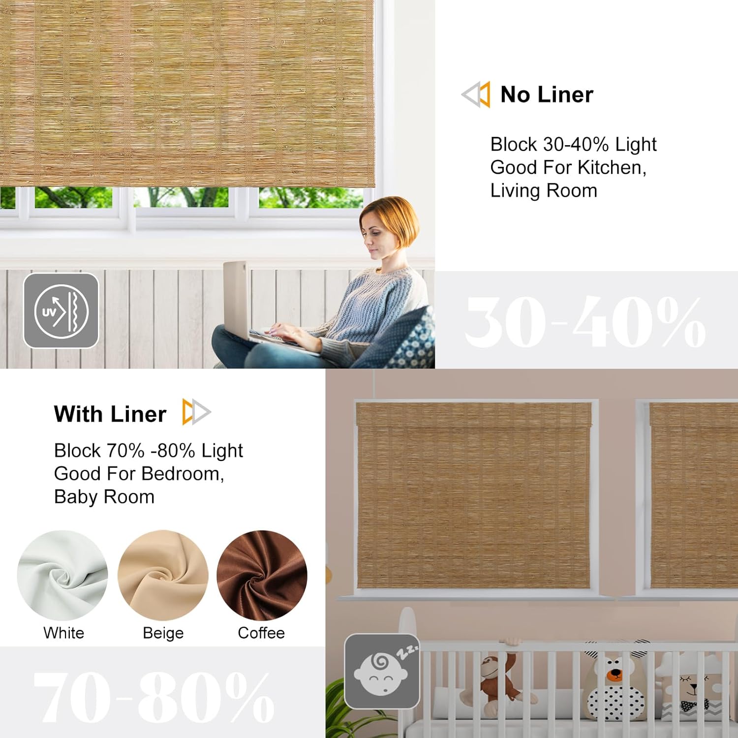 Artdix Bamboo Roman Shades, Jute Wheat Cordless Custom Blackout Room Darkening Woven Wood Shades, Natural Bamboo Window Shades for Indoor Windows